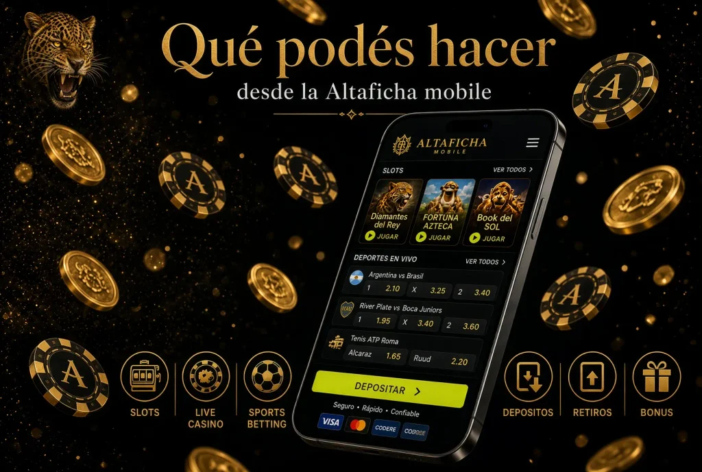 Qué podés hacer en Altaficha mobile: slots, casino en vivo, apuestas, depósitos, retiros y bonus.