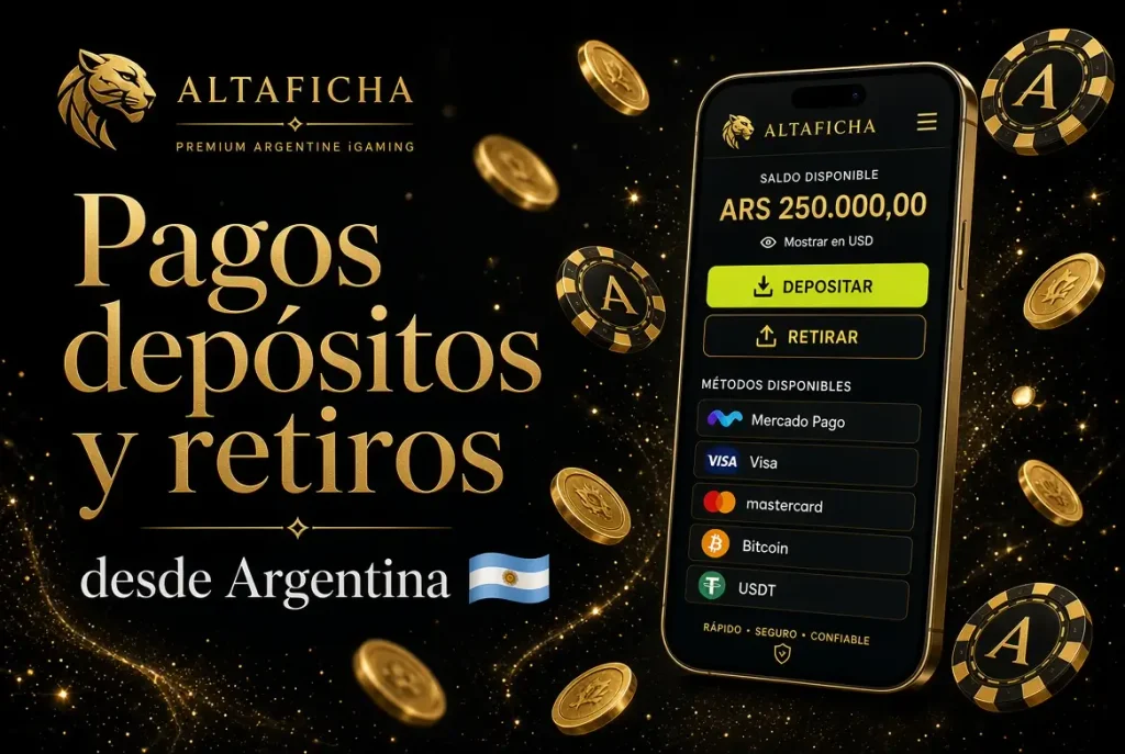 Pagos, depósitos y retiros Altaficha desde Argentina con Mercado Pago, Visa, Mastercard, Bitcoin y USDT.
